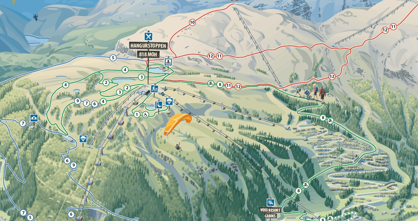 Vandrekart Voss Resort Vandrekart som viser turstier i Voss Resort skianlegg.